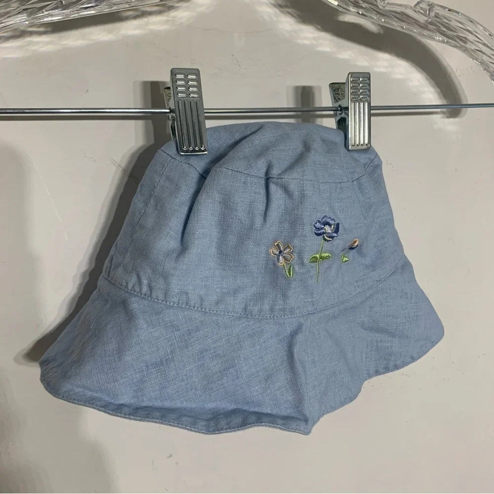 Blue Linen embroidered flower bucket hat girl size 4T